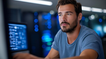 Fototapeta premium Big Data Specialist analyzing massive datasets in a high tech data center multiple screens displaying generic data processing clusters and real time data pipelines coding in gene