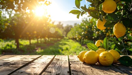 Lemon orchard with wooden table