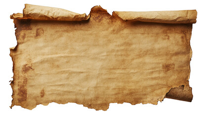 A weathered. ancient scroll with torn edges. resting against a white background. evoking a sense of history and mystery. ideal for use in educational or artistic contexts
