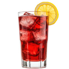 A refreshing glass of red beverage filled with ice cubes. garnished with a slice of lemon. set against a plain white background. ideal for summer drink promotions and culinary visuals