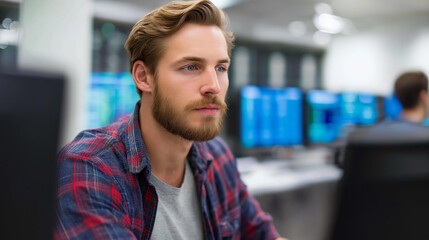 Obraz premium Big Data Specialist analyzing massive datasets in a high tech data center multiple screens displaying generic data processing clusters and real time data pipelines coding in gene