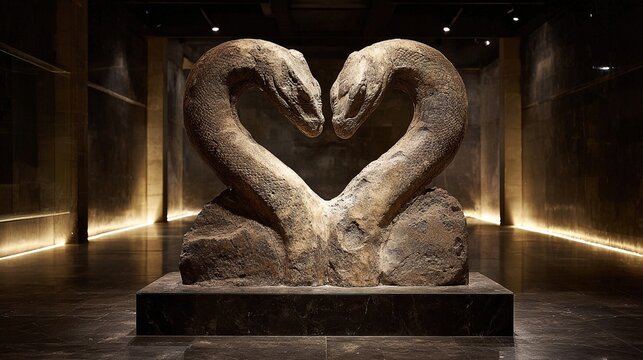 A fossilized two-headed serpent emerging dramatically from stone under museum lighting, evoking ancient mysteries.