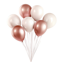 A collection of elegant rose gold and white balloons floating gracefully against a soft pink background. ideal for celebrations. parties. or decorative events
