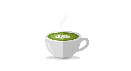 A white cup filled with hot green matcha tea, featuring a creamy top and a wisp of steam, presented as a flat design illustration on a white background.