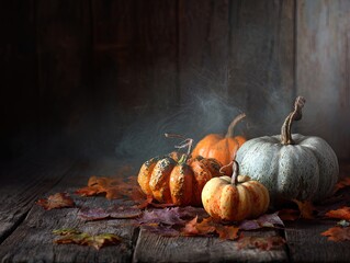 hyper-realistic halloween pumpkins and gourds on rustic barn table: perfect for cozy festive decor or as an autumn-themed poster for your home or sports interior!
