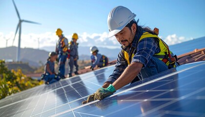 Dedicated experts diligently installing advanced photovoltaic solar panels on a sunny rooftop, symbolizing global commitment to clean, sustainable renewable energy, and a brighter, greener future