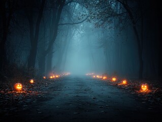 enigmatic spooky forest road: a cinematic wide angle stock photo perfect for halloween decor or sports interior posters, featuring creeping mist and glowing jack-o'-lanterns