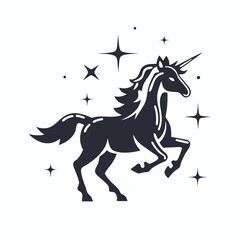Dark Silhouette Unicorn Rearing Among Stars on a White Background Design