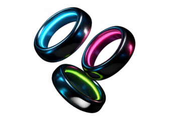 Neon glowing rings, abstract geometric shapes on transparent background, cutout