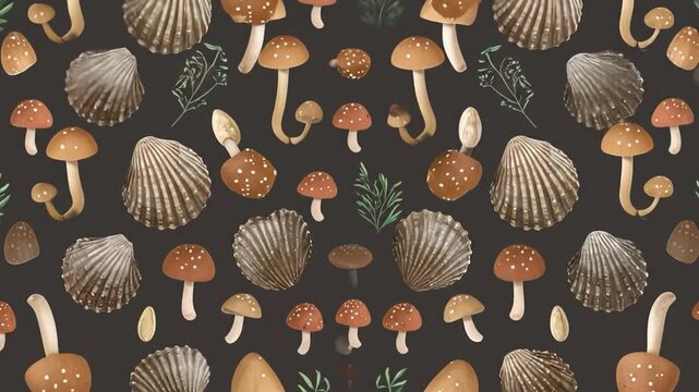 Mushroom & shell pattern on dark background