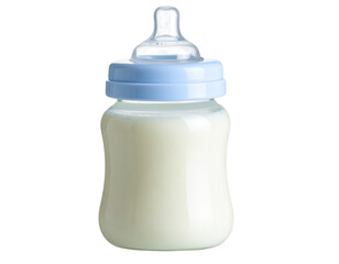 Baby Bottle with Milk Lying on Its Side, Cap On, Angled Perspective, Isolated