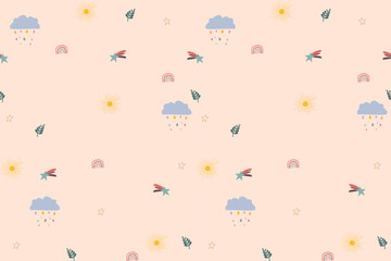 Beautiful autumn flowers character watercolor hand drawing on beige background seamless pattern. Perfect desi for decoration, fabric, wallpaper, background, textile, embroidery, ornament, printing