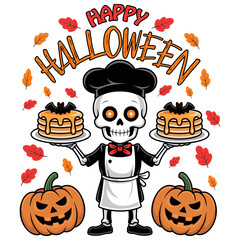 Happy Halloween Skeleton Chef Serving Bat Pancakes with Jack-o'-Lanterns and Autumn Leaves
