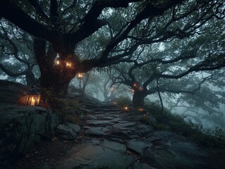 enchanting spooky path: twisted tree branches under a foggy lantern glow, perfect for a hauntingly beautiful wall poster or spooky decor in any interior space