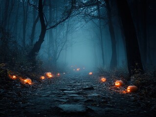 spooky haunted trail in misty woods: a cinematic stock photo of glowing pumpkins perfect for halloween posters or spooky home décor