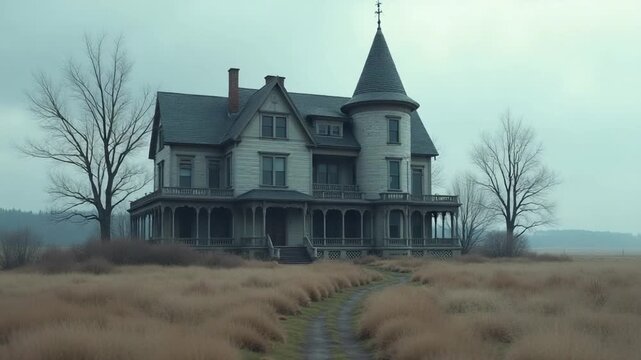 CGI Abandoned mansion stands alone in a desolate landscape under cloudy sky