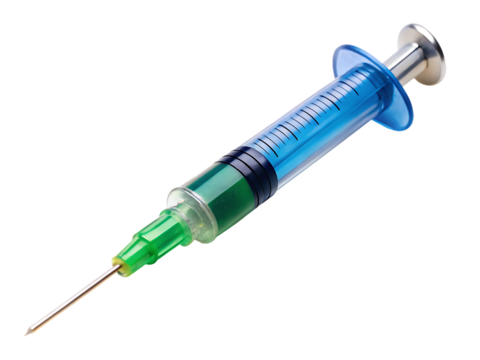  Syringe with a blue and green tip isolated on white background ,PNG. AI Generated