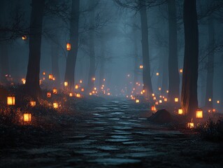 enchanting spooky woodland footpath: a cinematic perspective of fog and lanterns - perfect for captivating posters or home decor to add a touch of mystery and warmth
