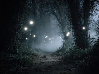 enchanting haunted woodland passage with glowing light orbs and mist - perfect for sports interior posters and cinematic decor