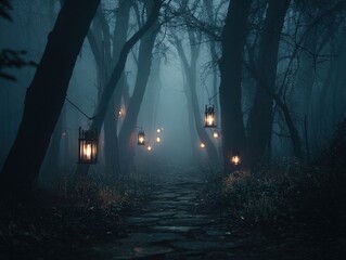 enigmatic forest path: a spooky mist-covered journey with glowing lanterns - perfect poster for creating a cinematic atmosphere in your home or studio