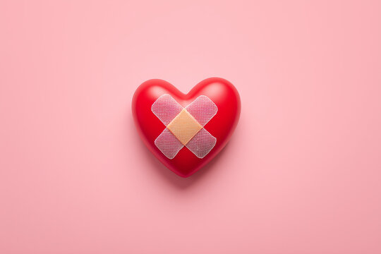 Red heart with bandage on pink background representing love and healing for emotional well-being Generative AI - Powered by Adobe
