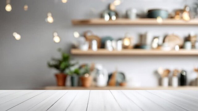 Blurred background of a modern kitchen with a white table