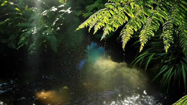 Lush ferns overhang a flowing stream