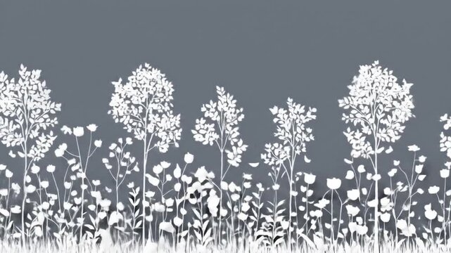 Inverted field of white wildflowers and small trees on a gray background