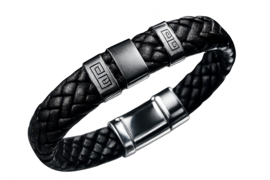 Braided leather bracelet with metallic clasp isolated on transparent surface