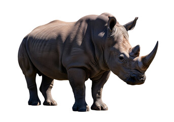 Obraz premium A magnificent white rhinoceros, presented in a bold, dramatic composition, stands against a stark black background, showcasing its powerful form and detailed textures.