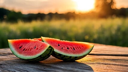 Two watermelon slices on a wooden picnic table at sunset - Powered by Adobe