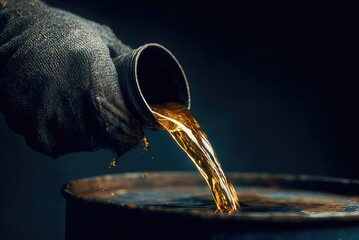 Gloved hand pouring golden oil into rusty metal drum