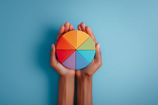 Hands holding a colorful circular pie chart on a blue background representing data visualization and creativity Generative AI