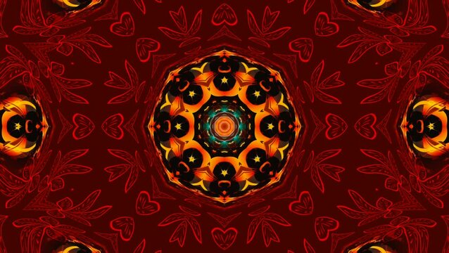 Abstract fiery mandala kaleidoscope animation with glowing red and orange flame-like patterns
