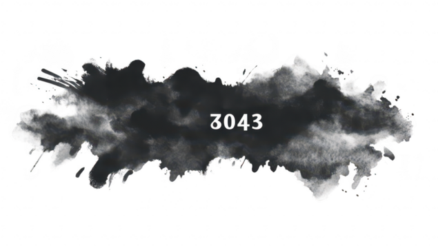 Abstract black watercolor splash with the number 3043 prominently displayed in the center. suitable for artistic backgrounds. graphic design. or creative projects