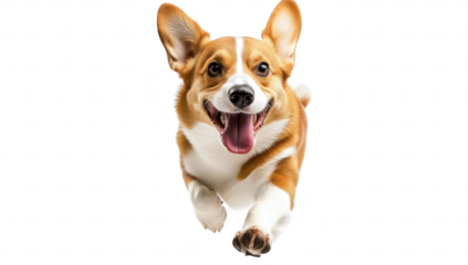 A joyful corgi dog running energetically with a wide smile. its playful nature against a clean. white background. perfect for pet-related content or advertisements