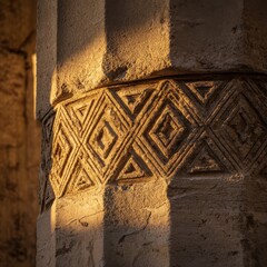 Ancient Stone Column with Geometric Carvings, Sunlight.