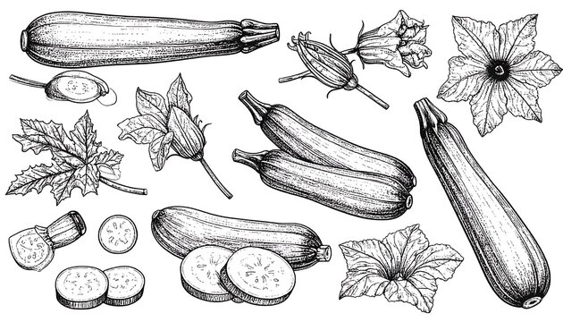 Hand-drawn botanical illustration of zucchini