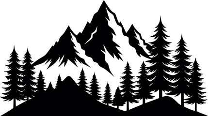 Mountain silhouette with fir trees forest and snow peaks travel vector illustration for logo design