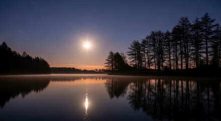 Obraz premium Night scene shows moonlit lake trees mirrored in still water stars visible in the sky