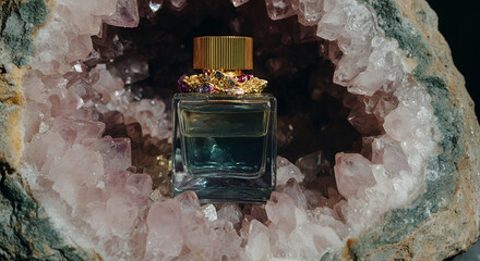 Elegant perfume bottle displayed inside a crystal geode with pink crystals