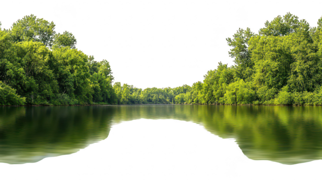 A serene landscape featuring a tranquil river surrounded by lush green trees. reflecting the calm water. ideal for nature enthusiasts and peaceful retreats