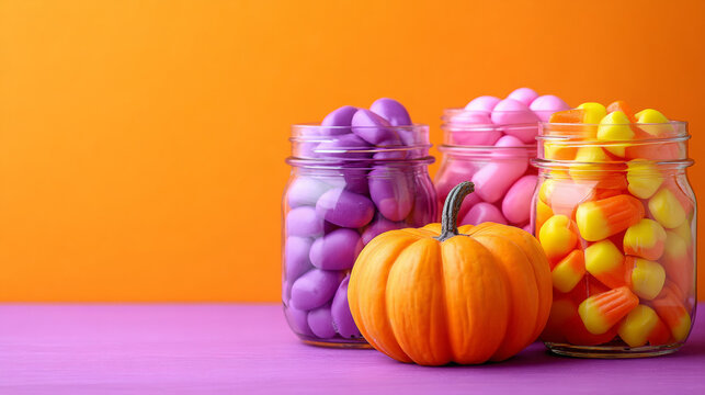 Table with three jars of candy and a pumpkin for Halloween