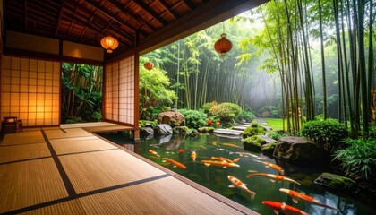 Japanese Garden House Koi Pond with Bamboo, Tranquility, and Nature.