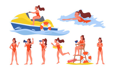 Female beach lifeguard characters at rescue station set. Young woman in red swimsuit standing and waving hand, swimming in sea water waves and on jet ski, holding megaphone cartoon vector illustration