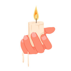Human hand holding white candle with flame on candlewick and falling drops of wax. Burning candle for candlelight meditation, prayer and memorial ceremony, worship rite cartoon vector illustration