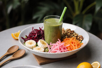 Fresh green smoothie bowl with banana slices, pink beetroot shreds, orange carrot shreds, walnuts, and purple beetroot, served with a green straw. Accented by wooden spoons and citrus.