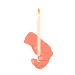 Human hand holding white candle with flame on candlewick and falling drops of wax. Burning candle for candlelight meditation, prayer and memorial ceremony, worship rite cartoon