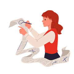 Text of article and content review by editor, proofreading process. Girl holding pen to proofread and check grammar mistake and spelling with accuracy in paper document cartoon vector illustration