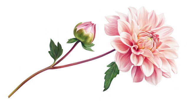 A delicate pink dahlia flower in full bloom alongside a budding flower. intricate petal details and green leaves. perfect for botanical illustrations or floral designs - Powered by Adobe